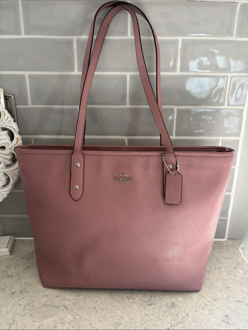 Coach Crossgrain Leather City Zip Tote SOFT BLUSH PINK-MAUVE F58846